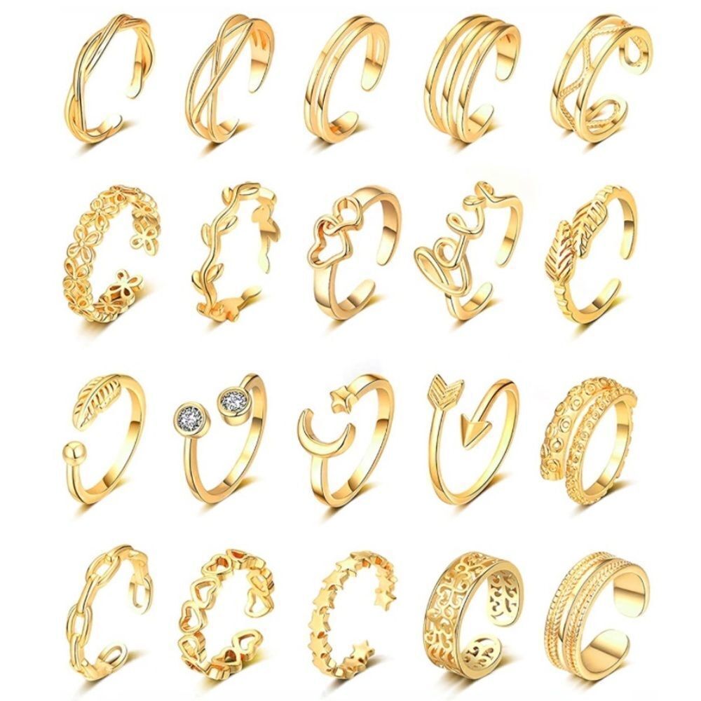 18K Yellow Gold Adjustable Boho Open Toe Rings - Set of 20